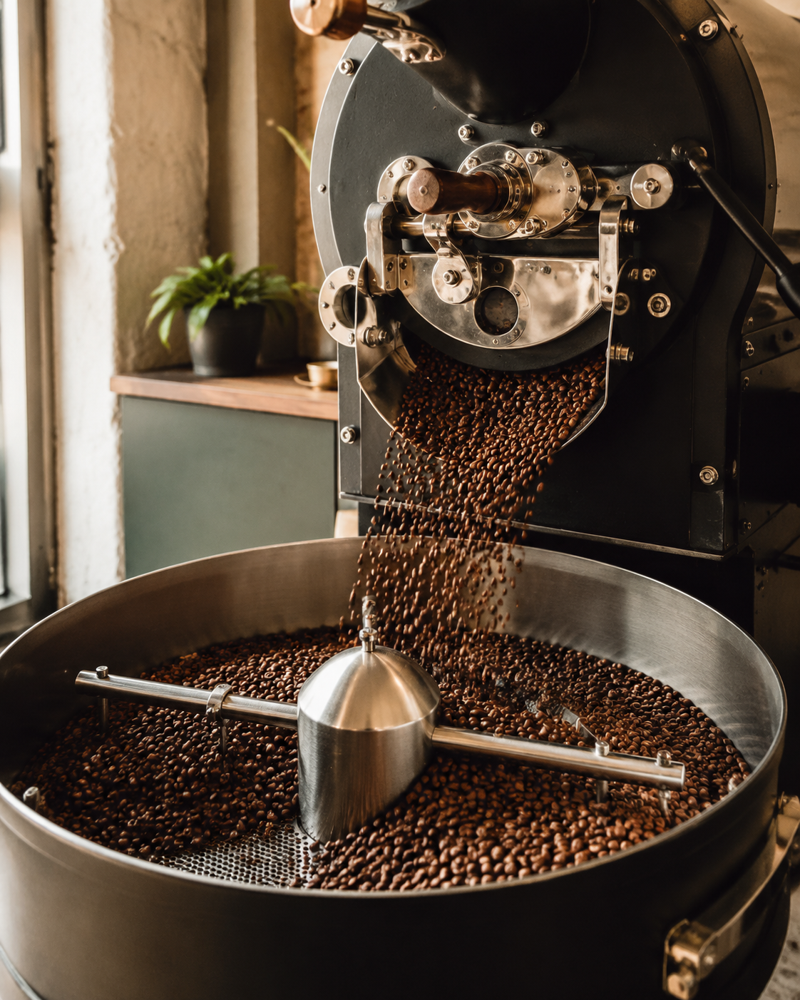 Café recién tostado descargándose en la bandeja de enfriamiento